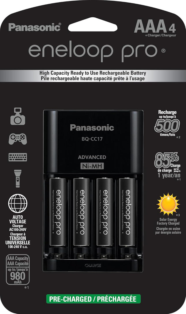 Panasonic K-KJ17K3A4BA Advanced Battery Charger Pack with 4 AAA Eneloop Pro High Capacity Ni-MH Rechargeable Batteries