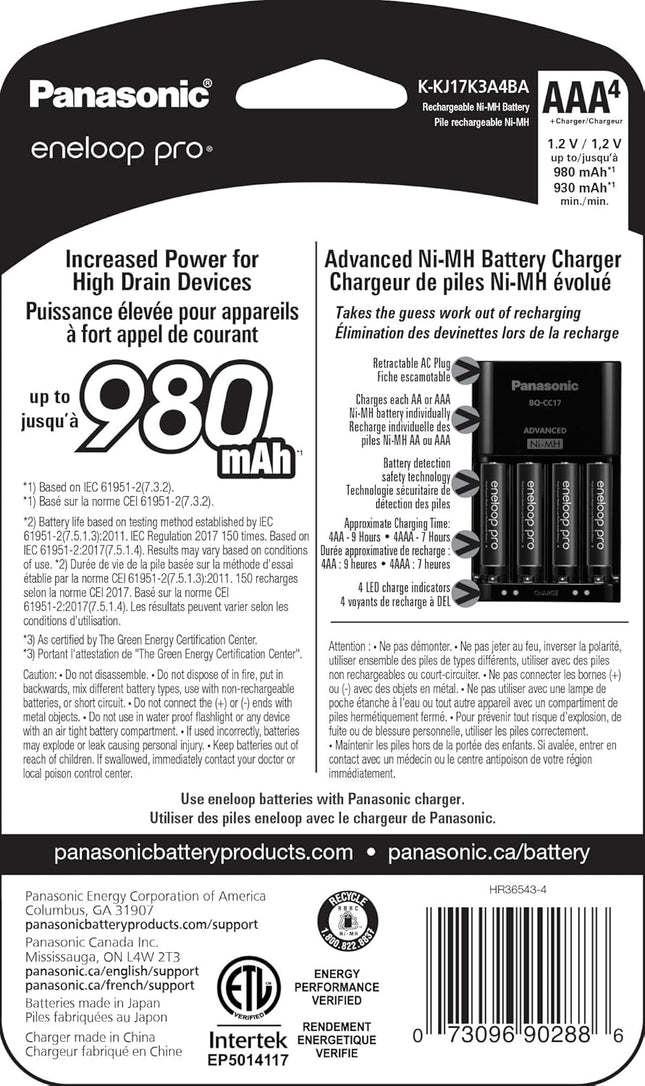 Panasonic K-KJ17K3A4BA Advanced Battery Charger Pack with 4 AAA Eneloop Pro High Capacity Ni-MH Rechargeable Batteries